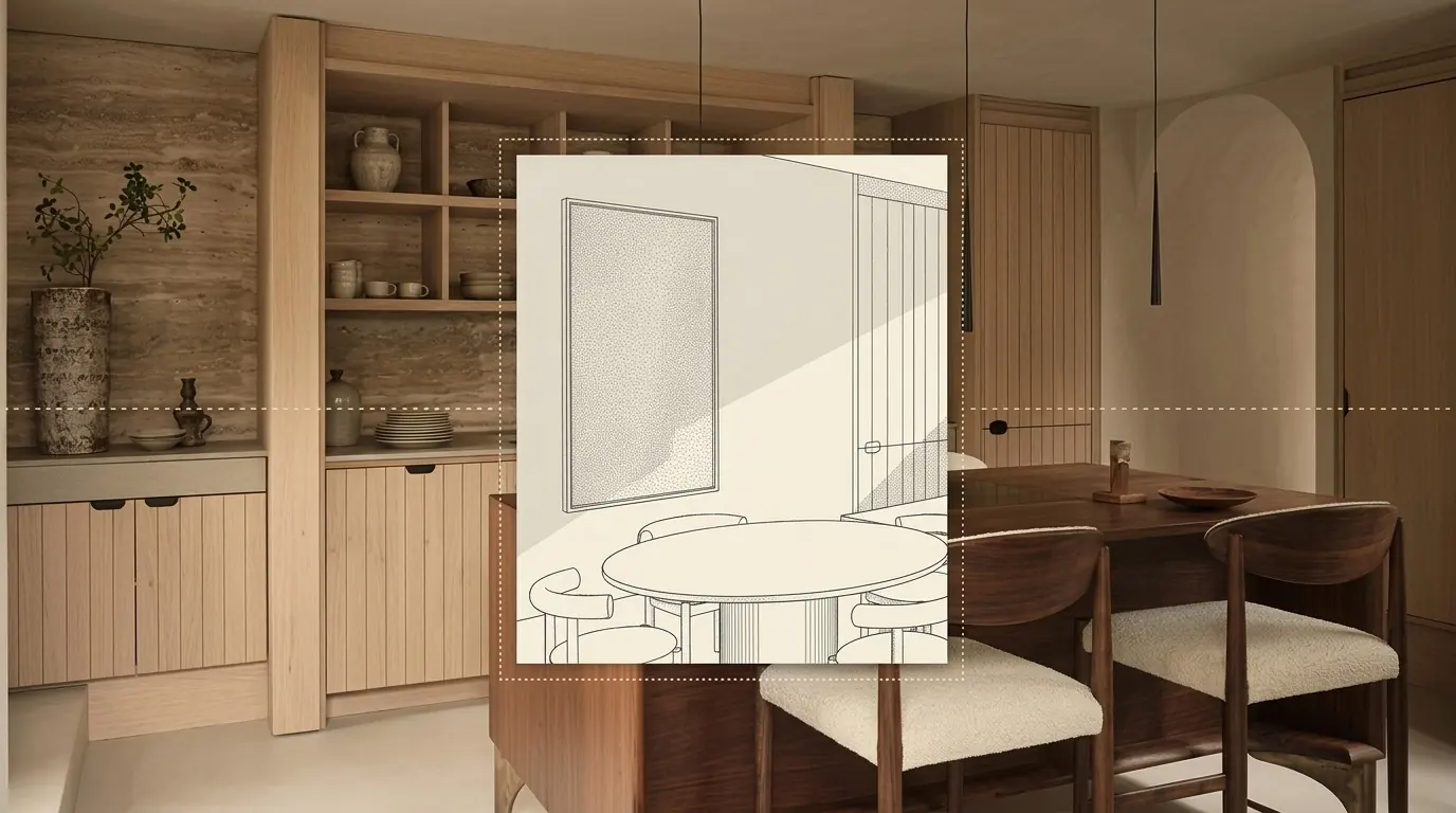 Desenho da sala de jantar sobre a foto da marcenaria pronta