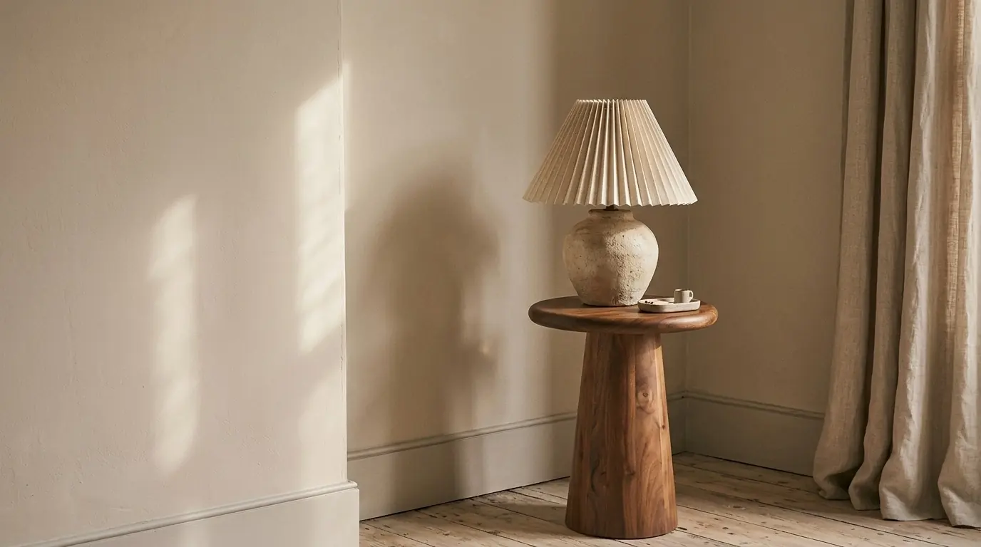 Luminária acesa sobre mesa lateral, canto tranquilo para uma conversa