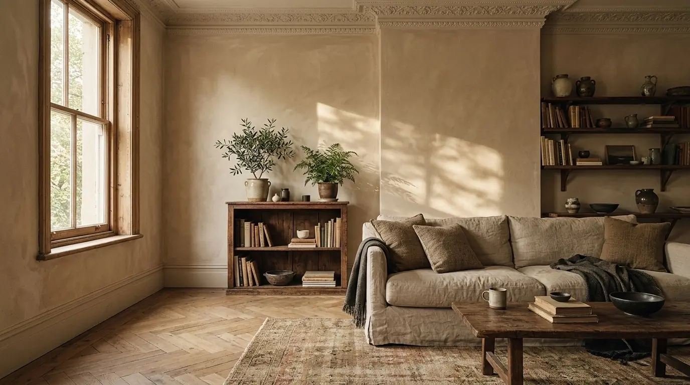 Sala de estar pronta, com sofá, plantas e luz da tarde